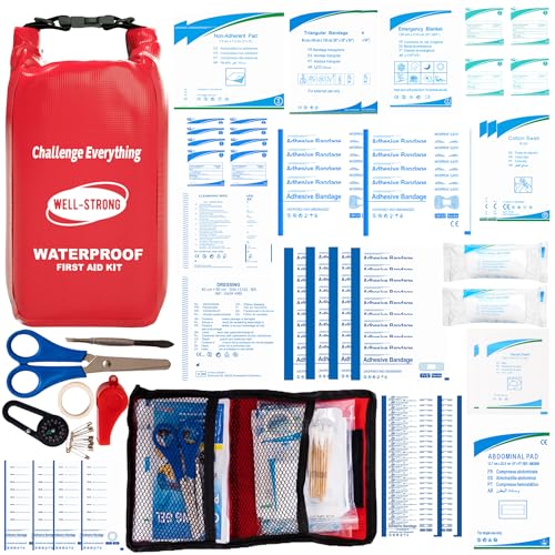 WELL-STRONG Waterproof Marine First Aid Kit 210Pcs - Emergency Boat Safety Supplies for Fishing, Kayaking with Roll Top Design