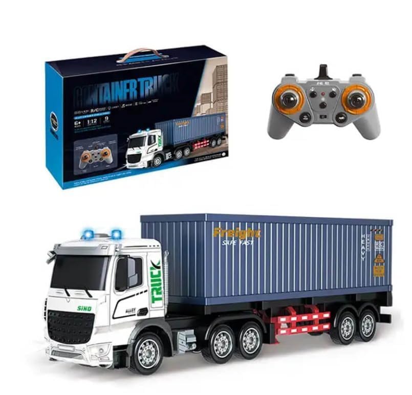 1:12 Scale Alloy Cargo Container Trailer Truck RC Model, 2.4GHz Radio Control System with 9-Channel Functions, LED Lights, Music and Rechargeable Battery
