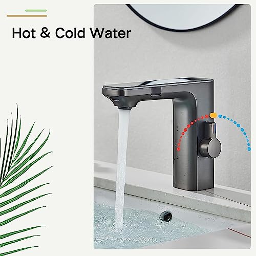 Grifo automático con sensor y pantalla de temperatura de latón gris para lavabo 5