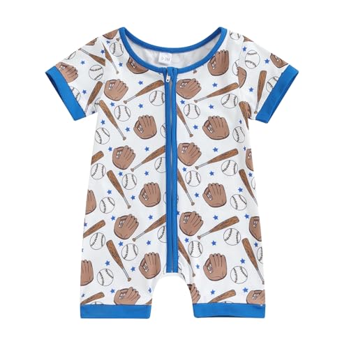 Image of Dewadbow Newborn Infant Baby Boy Girl Clothes Baseball Print Short Sleeve Jumpsuit One Piece Romper Bodysuit Game Day Outfit (Blue, 6-12 Months)
