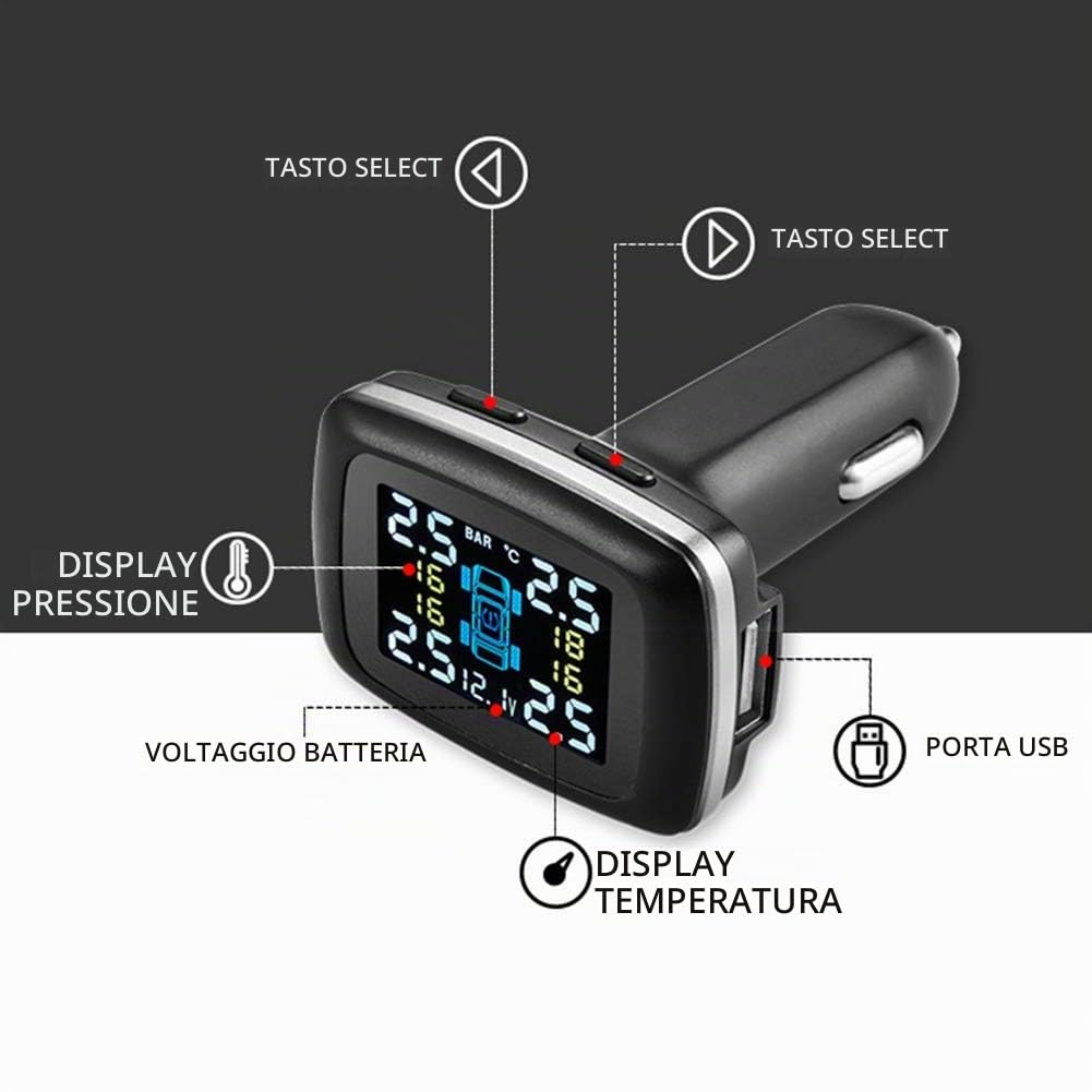 Terisass di Monitoraggio della Pressione dei Pneumatici TPMS, Display per Accendisigari con Kit di Sensori Esterni 4 Pezzi