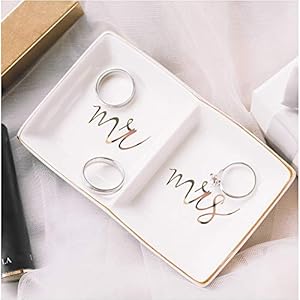 Mr Mrs Jewelry Ring Dish Ceramic Trinket Tray Wedding Engagement Gift for Bride Desk Storage for Mrs Engaged Gifts Mr Mrs Gold Engagement Honeymoon Gifts Friend