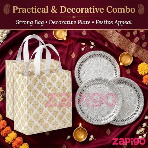 Image of Habba Silver Decorative Plate with Laminated Carry Bag, 7 Inch Pooja Thali, Traditional Return Gift for Diwali, Navratri, Wedding, Housewarming, Baby Shower, Festivals - Pack of 5