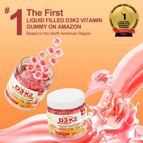 Sugar-Free Vitamin D3 K2 Filled Gummies 5000Iu / 10,000 Iu With 500Mg Calcium + K2 (Mk-7) 200Mcg, Magnesium Citrate, Vitamin C, Extra Strength - Ultimate Absorption For Bone Muscle Teeth Immune, Vegan #TOP5