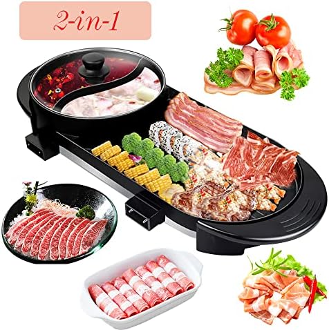 Comft Hot Pot and Grill, 2 In 1 Electric Hot Pot Grill Cooker with Dual Temperature Control Multi-Functional Smokeless Shabu Korean BBQ Pan Indoor Large Capacity Non-Stick, Capacity for 2 - 12 People