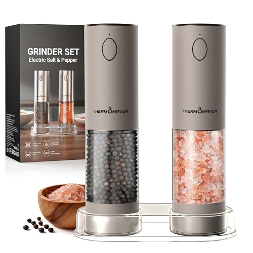 Image of ThermoMaven Electric Salt and Pepper Grinder Set, 110ml Larger Rechargeable Automatic Salt and Pepper Mill Grinder with 6 Adjustable Coarseness, Electric Salt and Pepper Shakers, LED, Greige
