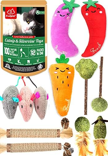 (12Pack) Catnip Toys, Silvervine Cat Toy, Cat Nip Toys for Indoor Cats, Silvervine Sticks, Catnip Mice,Silver Vine Organic Chew Toys, Interactive Plush Feather Kicker,Kitten Teething Toys Ball(A)