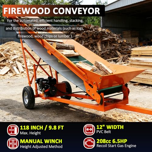 Image of 12-Inch Gas Powered Firewood Conveyor, 6.5HP 208cc Engine, 31-Ft PVC Belt, Hydraulic Variable Speed, 9.8-Ft Adjustable Lift Height, Towable Wood Conveyor, 110-lb Load