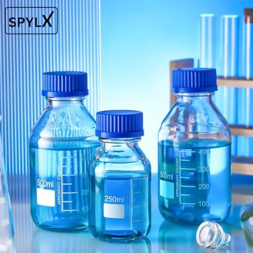 Image of Borosilicate Glass reagent bottle 25ml with leak proof Blue Screw Cap pack of 2 for glassware wide mouth chemical bottles for lab, laboratory, kitchen and professional use