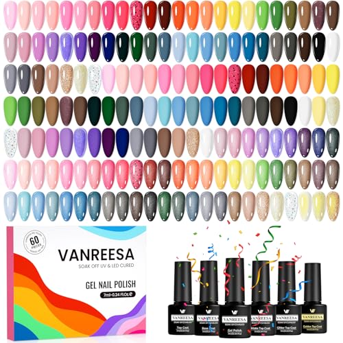 VANREESA U V Nagellack, 55 Farben U V Nagellack Set Rosa Orange Grün Violett Blau 60 PCS Gel Nägel Set mit Unterlack und Glänzender Matte Glitzernder Goldener Überlack Geschenk für Frauen