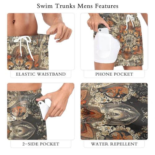 Mens Swim Trunks with Liner, Persian Pattern Orange Cool Quick Dry Beach Swim Shorts, Swimwear Bathing Suits S3