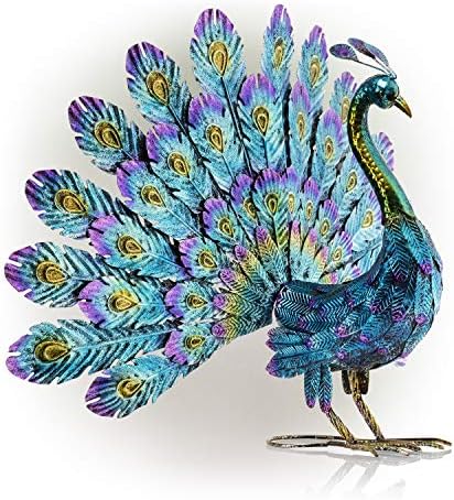 Alpine Corporation JUM232 Metal Peacock Outdoor Statue, 32" L x 12" W x 23" H, Multi-Color