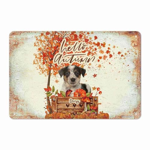 GABSHAIM Custom Metal Sign Hello Autumn Tin Sign Cute Australian Shepherd Australiantle Dog Fall Pumpkin Maple Leaves Wall Art Thanksgiving Decor for Garden Farmhouse Home 8 x 12 Inch