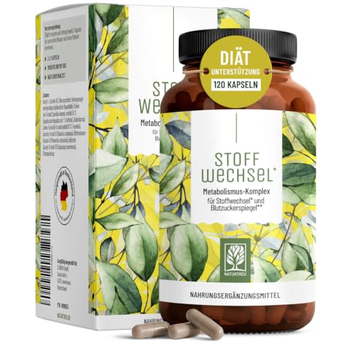 NATURTREU Stoffwechsel Kapseln Diät Unterstützung - Hochdosiert mit Grünem Tee Forskohlii Cholin Spargel Bittermelone Garcinia Cambogia & Chrom - 120 Stoffwechsel Kapseln vegan