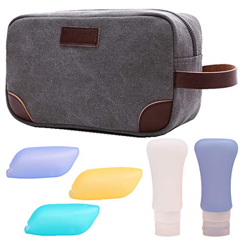 IBLUE Toiletry Bag Leather and Canvas Travel Dopp Kit Bathroom Shaving Organizer for Men&Women Travel Accessories,#B03 (Grey)