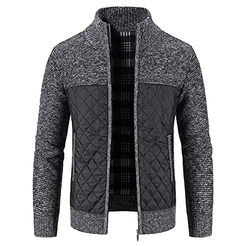WUAI-Men Cable Knit Cardigan Sweater Casual Shawl Collar Zip Up Quilted Lightweight Varsity Sweater Jackets Knitwear(Dark Grey,X-Large)