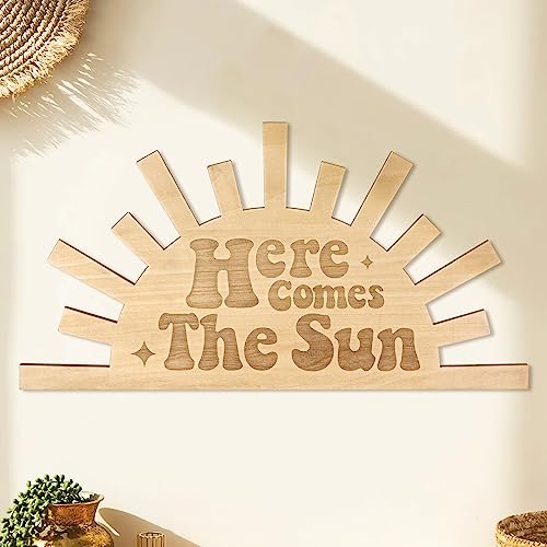 Image of Here Comes The Sun Wooden Wall Sign Boho Nursery Room Decoration Sunshine Laser Cutting Engraved 14.6x7.6” Wall Decor for Home Living Room Kitchen Bathroom Bedroom Playroom