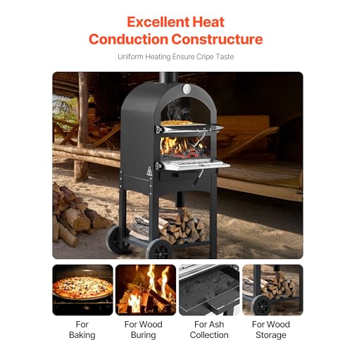Image of VEVOR Portable Outdoor Oven, 12-inch Stand Pizza Oven with Casters, Pellet & Chips & Charcoal & Firewood Four Fuel, Baked Paint Pizza Grill, Includes Pizza Stone, Pizza Shovel, for Camping & Backyard