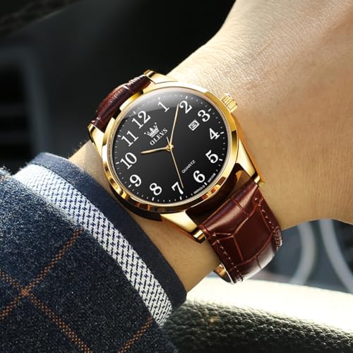 Image of Thin Men's Watch With Blue /White /Black Dial, Leather Band in Black /Yellow /Brown, Simple Business Style, Date Display, Waterproof Quartz Casual Timepiece