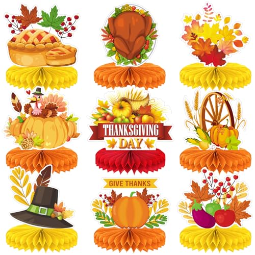 Thanksgiving Table Decorations - 9Pcs Fall Honeycomb Centerpieces for Tables
