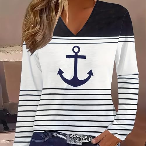 Women Tops Anchor Stripe Print V Neck T-Shirt Casual Long Sleeve Shirt2