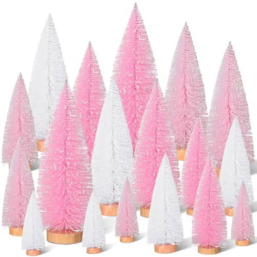 Leyndo 18 Pcs Pink Classic Artificial Mini Christmas Tree Sisal Bottle Brush Trees with Wood Base Christmas Pine Trees for Autumn Winter Holiday Home Kitchen Party Decor
