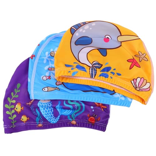 HAPINARY Gorros de Natación para 3 Piezas Estampado de Dibujos Animados Gorro de Baño Elástico de Poliéster Transpirable y Duradero Adecuado para Piscina y Natación Infantil