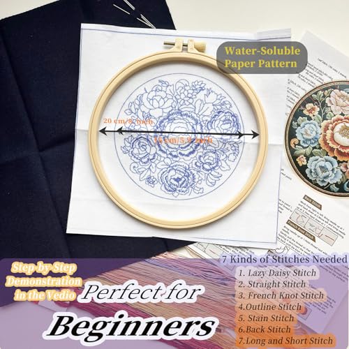 Image of FONNUY Floral Embroidery Kit, Cross Stitch Kits for Beginners, Handmade Crafts with Printed Patterns for Beginner Adults, Easy to Follow Color Thread Needlework, 8'' Hoop (Petals Unfurling)