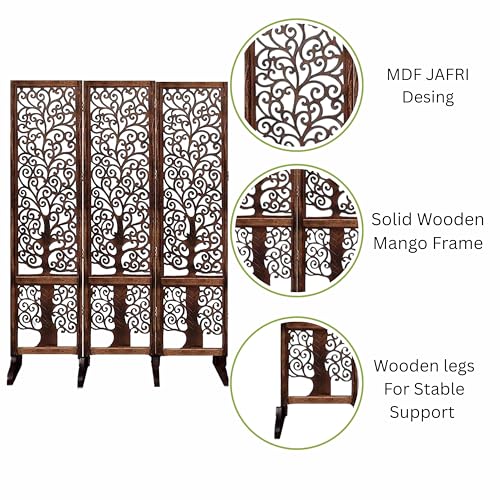 Image of Wooden Room Partition /Screen /Room Divider /Room Separator Traditional Handicrafts 6Ft (Dark Brown) (Tree 3 Panel with Stands)