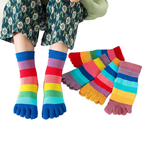 Kids Cotton Toe Socks, Five Finger Socks Rainbow Striped Socks for Children 2-10 Years, 5 Pairs3