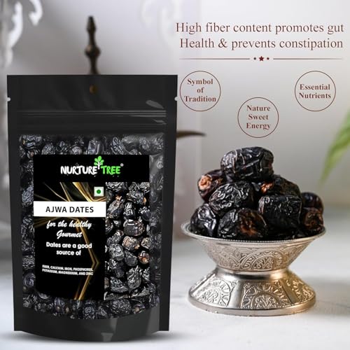 Image of Nurture Tree Premium Saudi Ajwa Dates (Khajoor /Khajur) 200g, Pack of 2 100% Natural Soft and Delicious Arabian Dates in Fresh, Khajur Dry Fruits, No Artificial Colours, Gluten Free, No Added Sugars