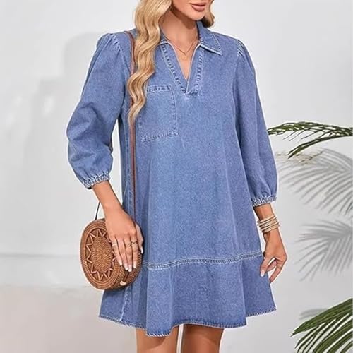 V Neck Denim Dress for Women 3/4 Sleeve Ruffle Denim Dress Summer Collared V Neck Loose Shirt Jean Dress with Pockets4