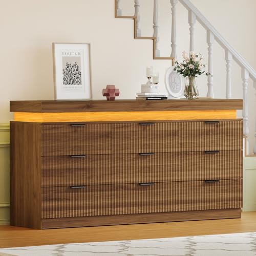 Image of 9 Drawer Dresser with LED Lights and Charging Station, 63 inch Wide Walnut Wood Fluted Dresser for Bedroom, Modern Chest of Drawers for Closet Dresser TV Stand for Living Room, Entryway, Hallway