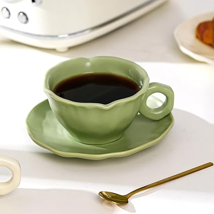Koythin Ceramic Coffee Cup and Saucer Set, Espresso Cute Solid Round Ear Mug for Office and Home, Dishwasher and Microwave Safe, 8.5 oz/250 ml for Latte Tea Milk (Green)