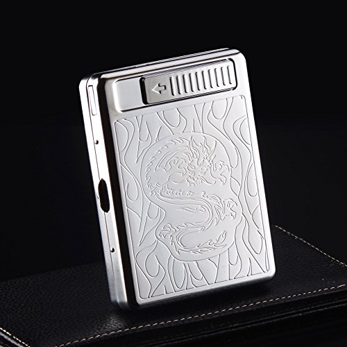 Cigarette Case with Lighter USB Lighter Cigarette Box 2 in 1 Electronic Rechargeable Flameless Windproof Lighters Hold 20pcs Regular Cigarettes (Silver Dragon)