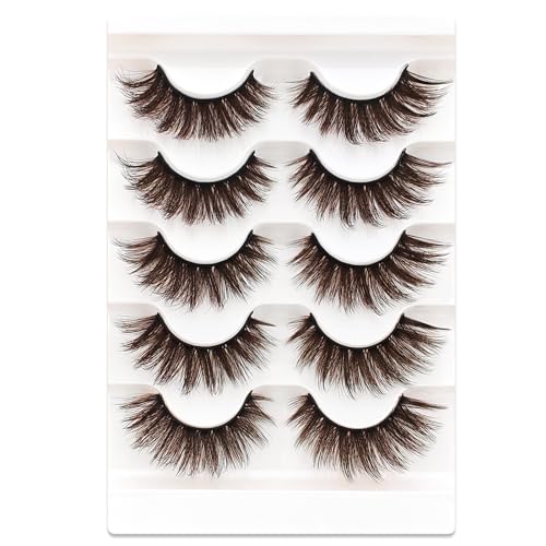 Lot de 5 paires de faux cils 3D marron œil de chat, volume moelleux, aspect naturel, réutilisables, faits à la main, faux cils de maquillage (B-12)