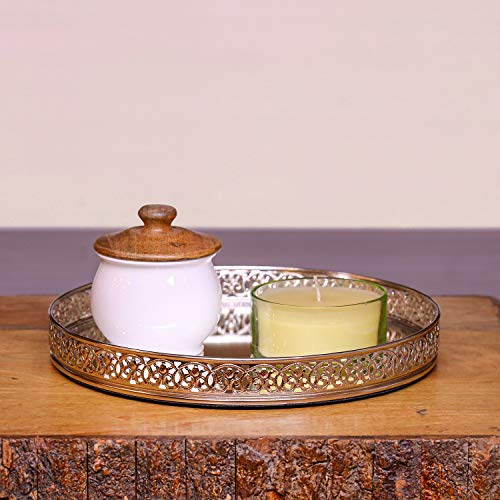 Image of Craft Brio -A TRENDY HANDICRAFTS Round Decorative Mirror Tray 10 inches Dia Gold Plated Round Decorative Glass Mirror for Weeding and Pooja Diwali Gifting (10 X 10 X 2 Inches) (Silver)