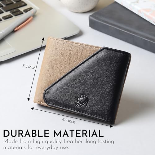Image of VEMILIO Men's Vegan Leather Wallet for Men | Edge Cut Slim Bi-Fold Gents Purse | Stylish Wallet with Coin Pocket | 3 Card Slots | ID Window & 2 Currency Compartments (Beige & Black)