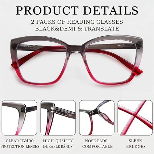 Image of Henotin Reading Glasses for Women, 2 pack Fashion Oversized Blue Light Readers for Women, Spring Hinge Cat Eye Glasses