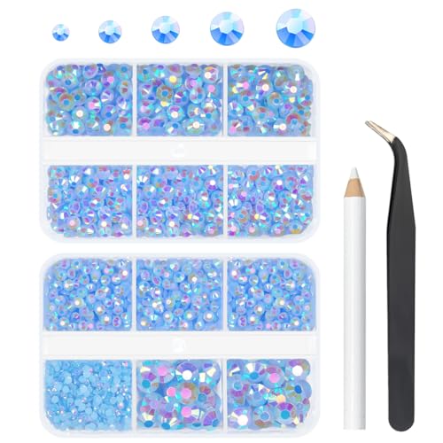 qiipii Light Blue AB Resin Rhinestones for Crafting 2mm 3mm 4mm 5mm 6mm Flatback Baby Blue Jelly Stones Diamonds Crystals Gems for Face Eyes Makeup Tumblers Bottles DIY Crafts Clothes Shoes Phones Car
