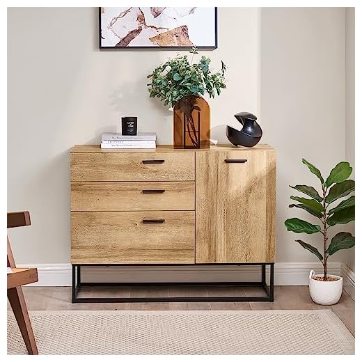 [en.casa] Aparador Lavangen Mueble de Salón con 3 Cajones y 1 Estante Regulable en Altura Estructura de Metal 75 x 100 x 35 cm - Efecto Roble y Negro