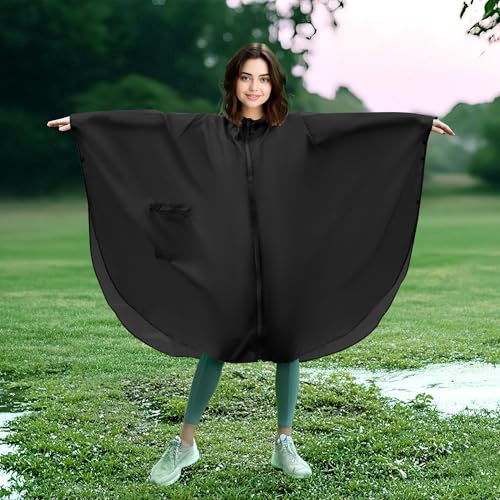 Sensong Regenponcho für Damen, Größere Größe Unisex Regenjacken Regencape, Wasserdicht mit Kapuze und Reißverschluss Wiederverwendbar Regenmantel für Wandern Camping Radfahren Reisen Schwarz