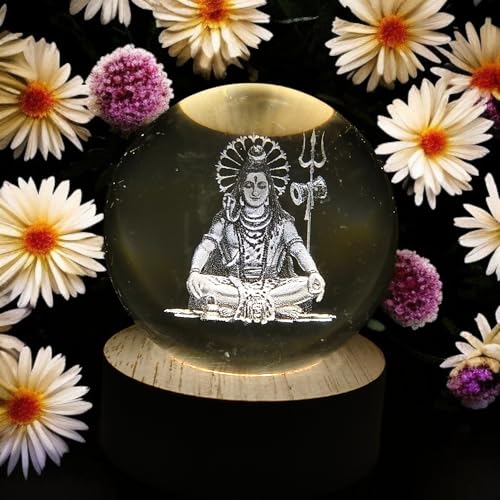 Image of ANTORCHE Shiva 3D Crystal Ball Warm LED Night Lamp with Wooden Base | Spiritual Home Decor Light | Ideal Gift for Office, Pooja Room, Bedroom & Festivals