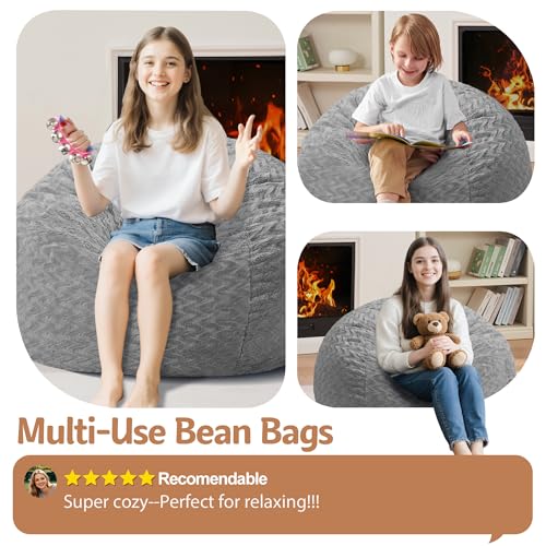 Image of 2FT Bean Bag Chair,Giant Bean Bag Chairs for Adults,Big Bean Bags with Memory Foam Filled, Large Beanbag Chairs with Chevron Plush Cover-Grey