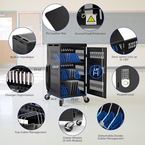 Image of Fully Assembled 30 Device Charging Cart for iPad, Chromebook and Laptop Computer with Keypad Lock,Up to 14-in Screen Size,Surge Protection,Front & Back Access Locking Cabinet