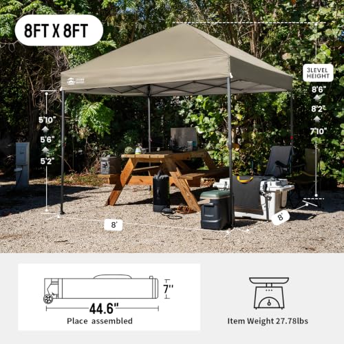 Image of CROWN SHADES 8x8 Pop Up Canopy - Patented Center Lock One Push Instant Outdoor Canopy Beach Tent with STO-N-Go Bag 8 Stakes & 4 Sand Bags,Beige