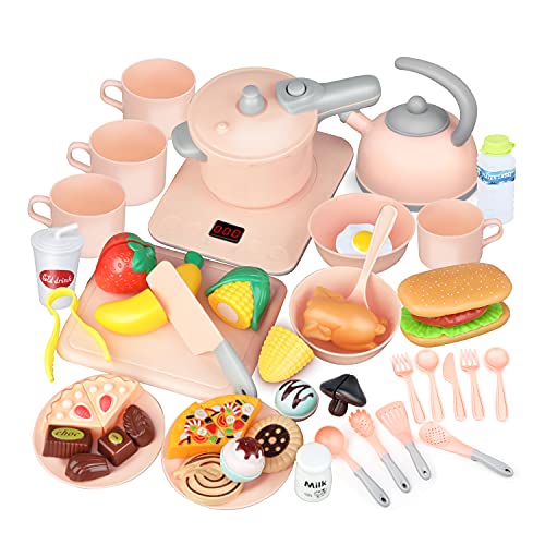 MOQUIN 55 PCS Play Kitchen Accessories Kids Kitchen Pretend Play Cooking Set with Cookware,Cutting Play Food,Vegetables,Fruits and Utensils Playset Play Food Sets for Kids Toddlers Girls Boys