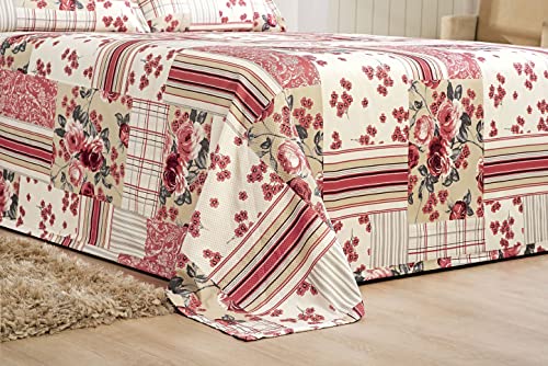 Cobre Leito Tecido Piquet Colcha Casal Queen 03 Peças Estampado Patchwork Vermelho