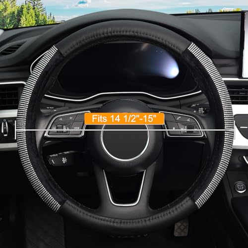 KAFEEK Diamond Leather Steering Wheel Cover with Bling Bling Crystal Rhinestones, Universal 15 inch Anti-Slip, Black Microfiber Leather and Diamond - Thumbnail 2