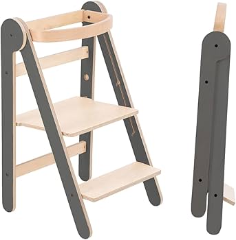 Mamatoyz Fold Katlanır Ahşap Öğrenme Kulesi Gri, 3 ayarlanabilir